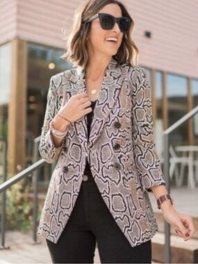 CAbi Neutral Snake-Print Double-Breasted Blazer